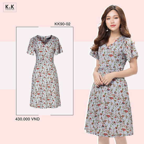 Video Đầm xòe hoa xếp ly eo cổ V KK90-02