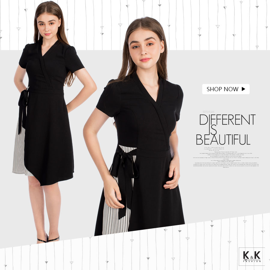 Đầm màu đen dáng xòe cổ chữ V vạt đắp chéo KK93-27