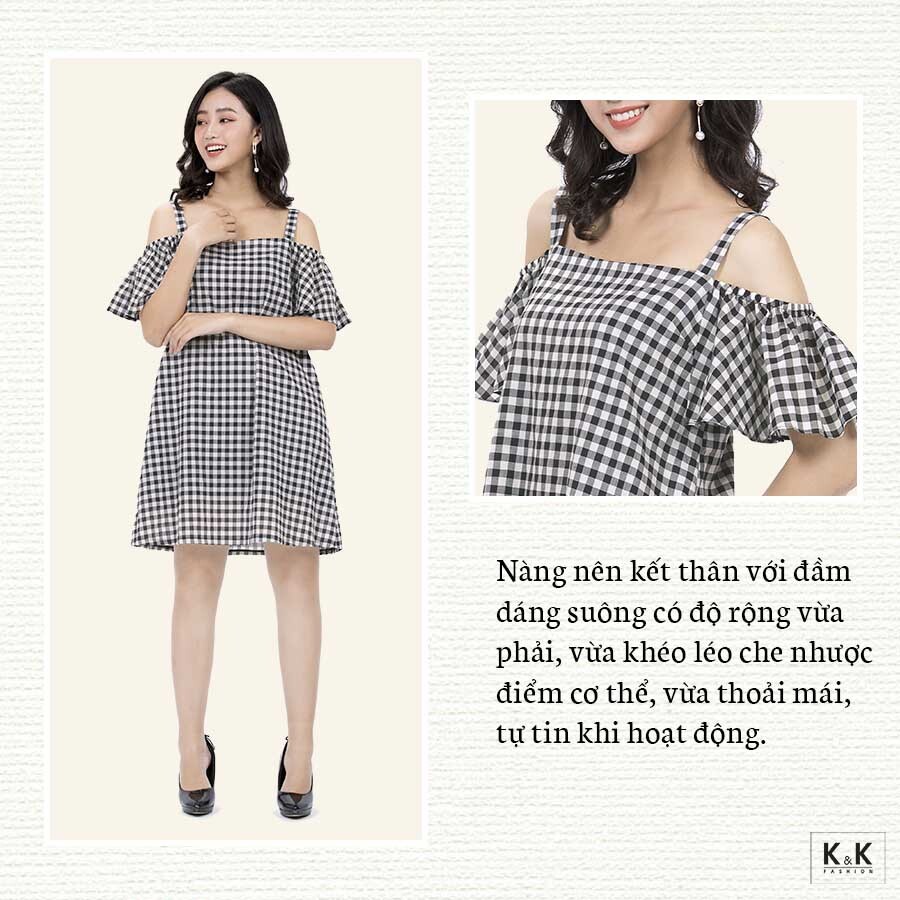 Đầm caro hai dây trễ vai dáng suông KK90-10
