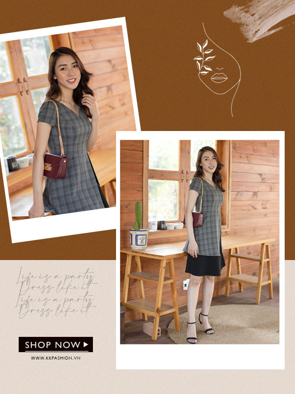 Đầm xòe hai tầng cổ tim tay ngắn KK95-13