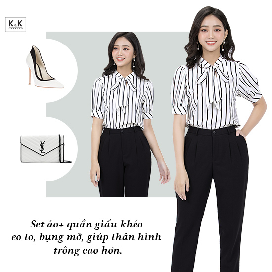 Áo sơ mi ngắn tay kẻ sọc phối nơ ASM03-21