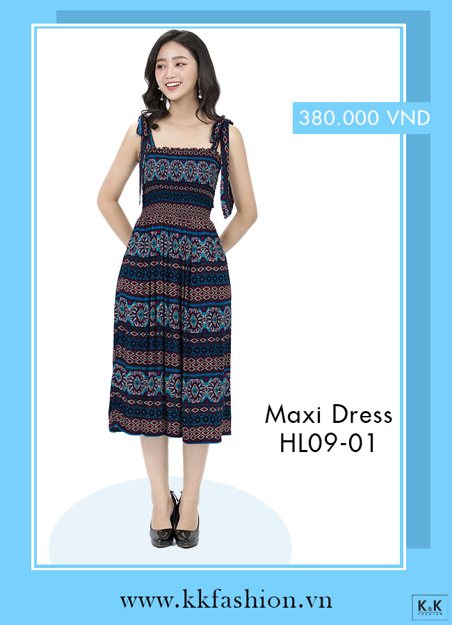 Đầm maxi thổ cẩm hai dây phối nơ HL09-01