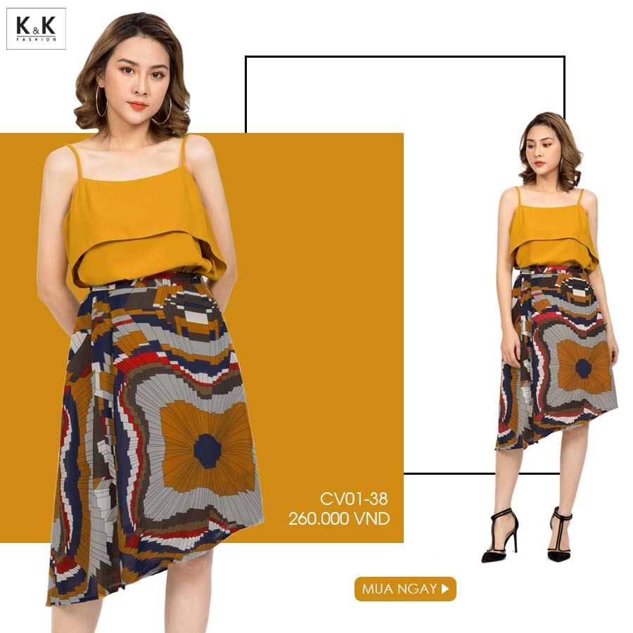 Chân váy họa tiết dáng xòe vạt chéo CV01-38