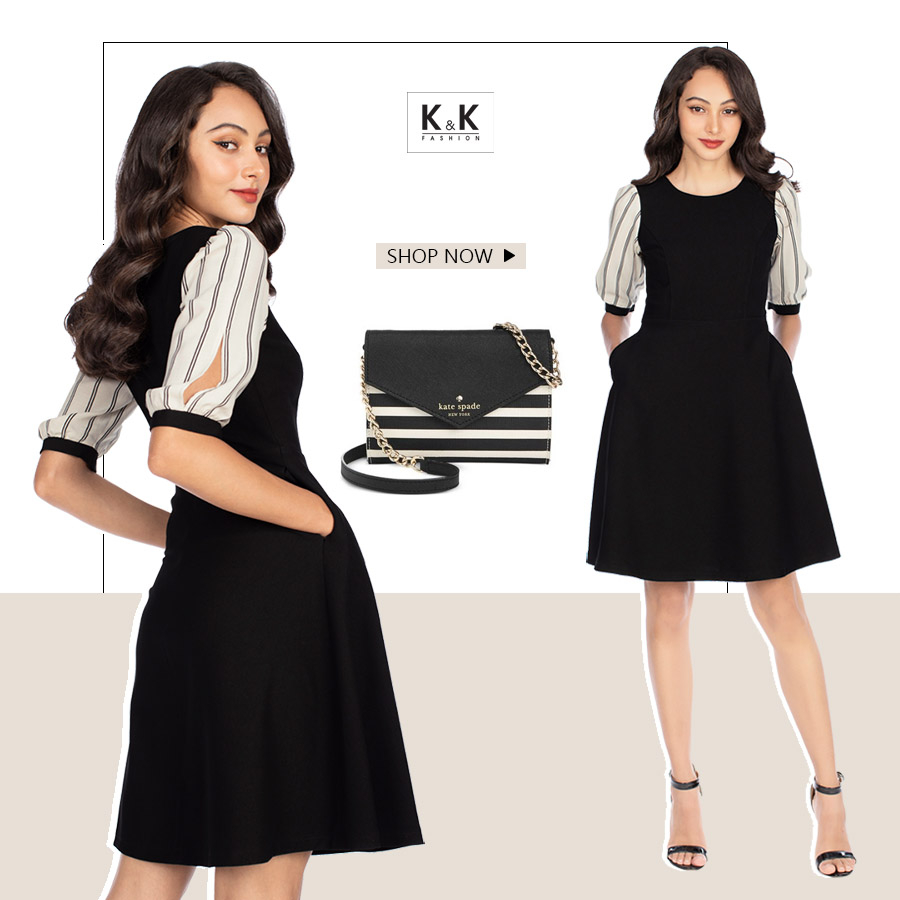 Đầm xòe tay lửng phối màu trắng đen thanh lịch KK96-39