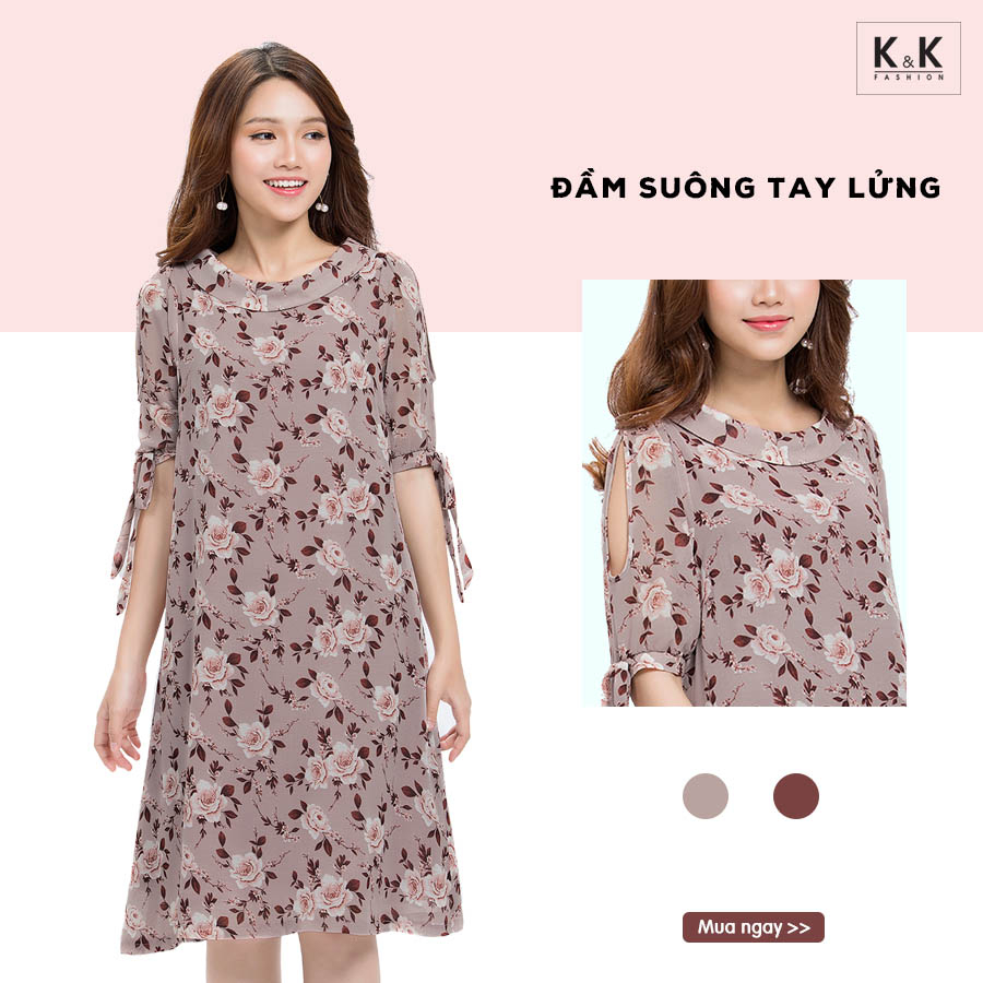 Đầm suông hoa tay cut-out đính nơ KK87-37