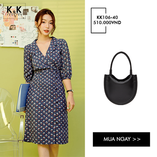 Đầm công sở họa tiết tay lỡ cổ đan tông KK106-40