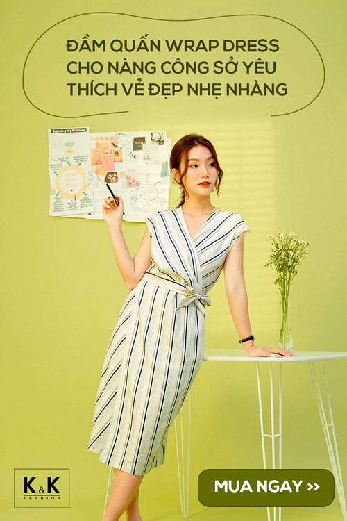 Đầm wrap dress sát nách kẻ sọc phối nơ KK107-10