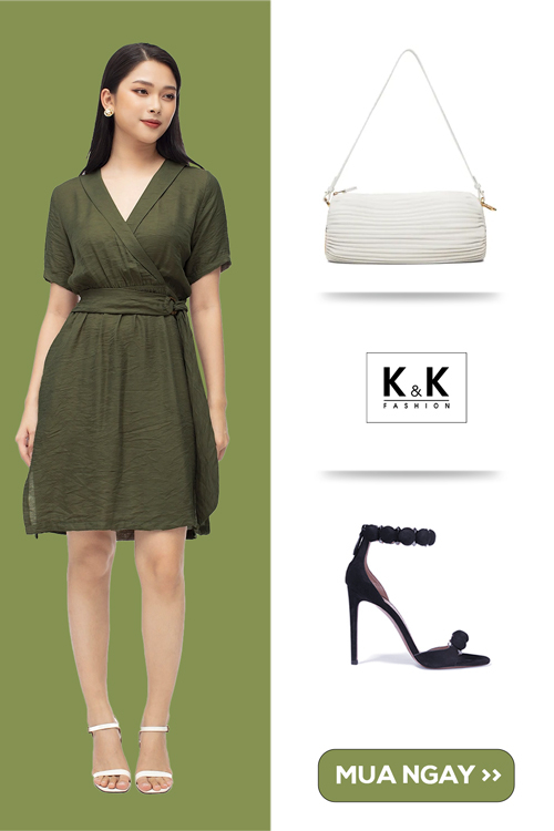 Đầm đơn sắc cổ V nhấn eo KK107-14