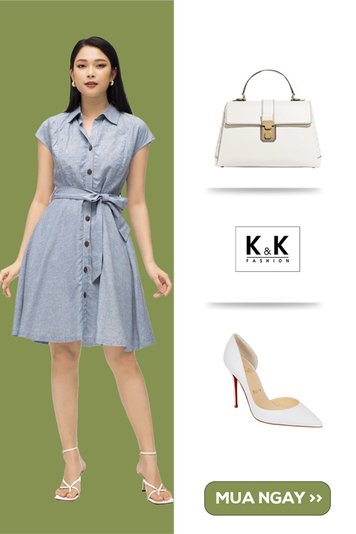 Đầm sơ mi họa tiết kẻ phối nơ KK107-26
