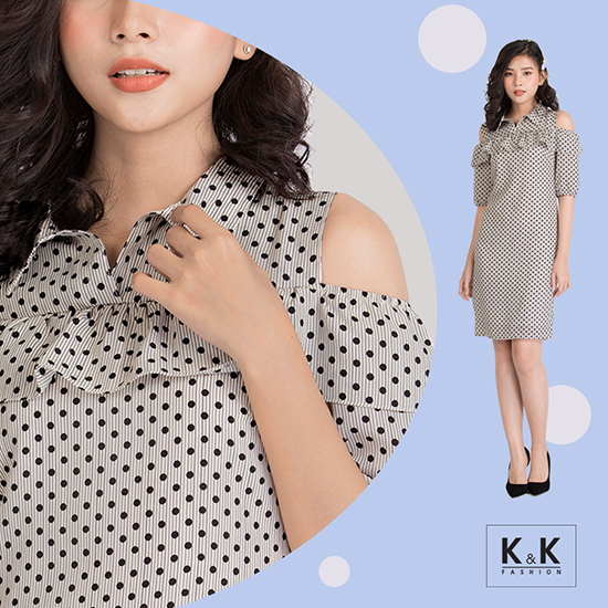 Đầm chấm bi trễ vai viền bèo ngực KK88-15
