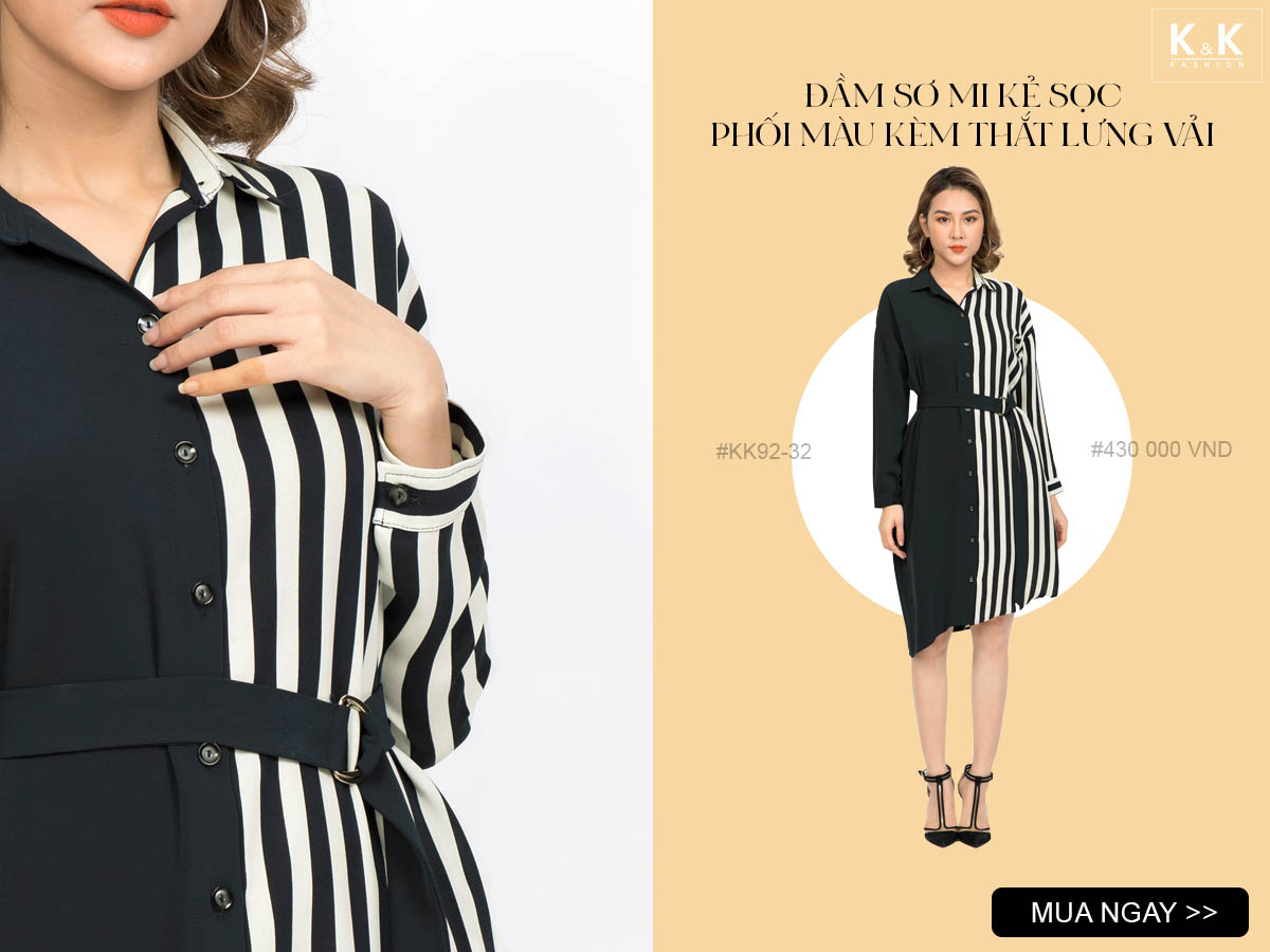 Đầm sơ mi kẻ sọc phối màu kèm thắt lưng vải KK92-32