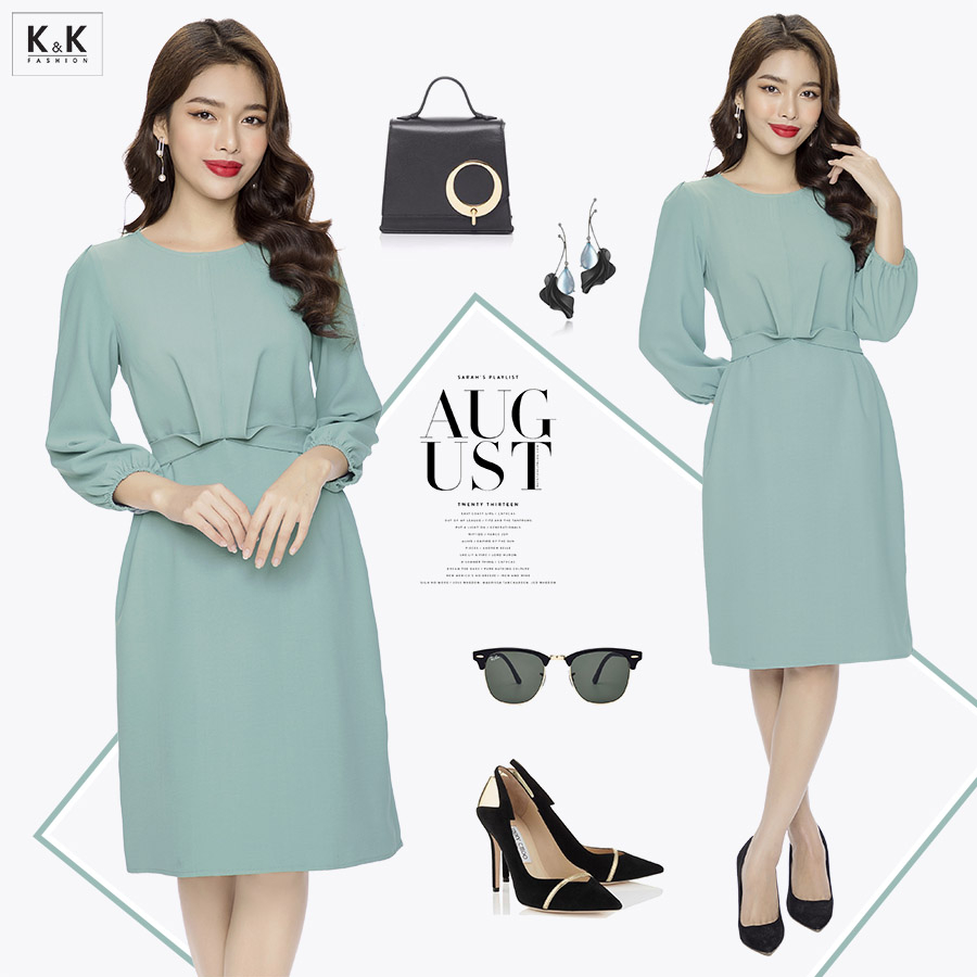 Đầm chữ A tay lửng bo thun phối nơ eo KK88-39