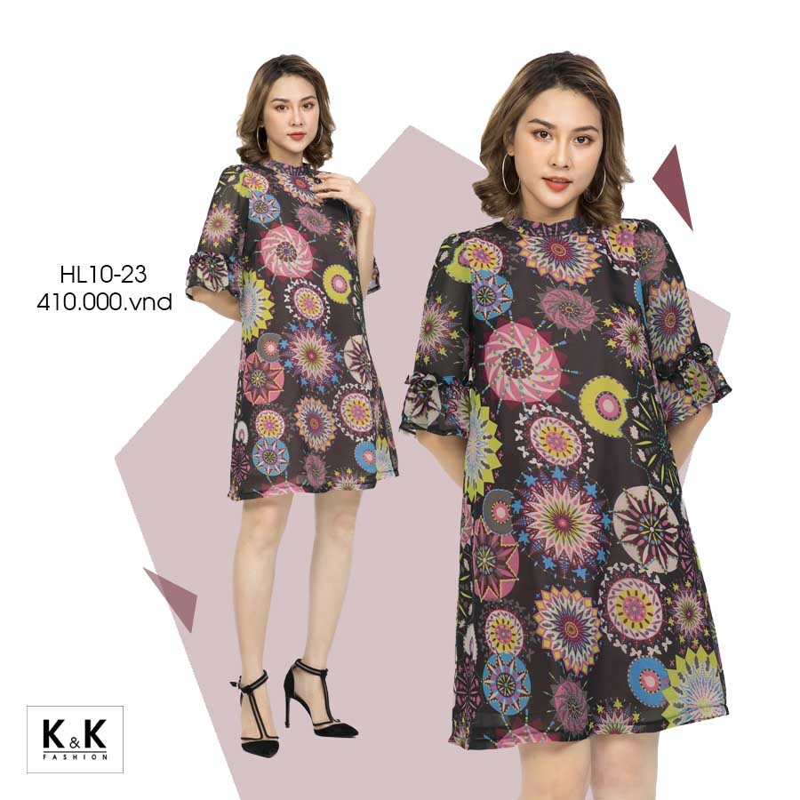 Đầm voan suông họa tiết tay lửng  HL10-23