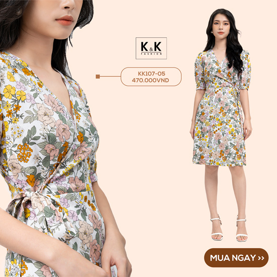 Đầm wrap dress hoa nhí eo phối nơ KK107-05