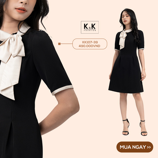 Đầm chữ A tay lửng phối nơ cổ KK107-39