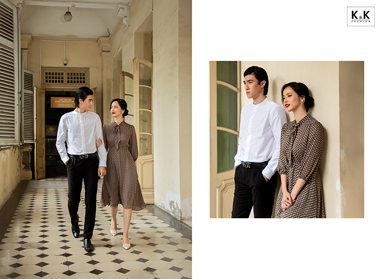 Đầm xòe dáng dài họa tiết phối nơ cổ KK108-25