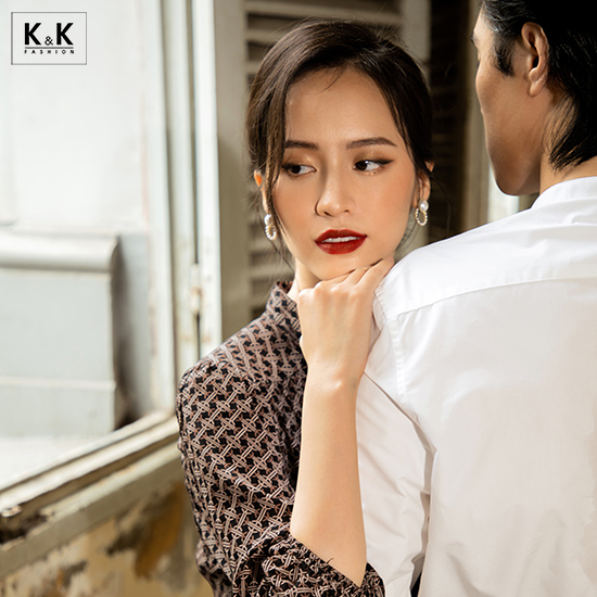 Đầm xòe dáng dài họa tiết phối nơ cổ KK108-15