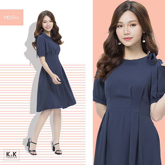 Đầm xòe xếp ly cổ tròn phối nơ vai  KK89-02