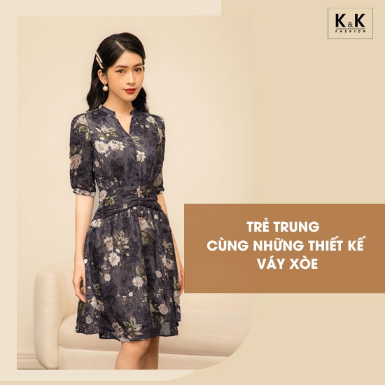 Đầm xòe tay lỡ họa tiết hoa KK107-22