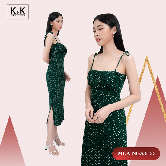 Đầm chấm bi hai dây nhún ngực xẻ tà KK110-01