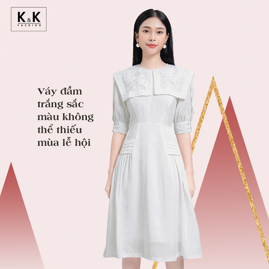 Đầm trắng dáng xòe cổ sen rộng HL17-19