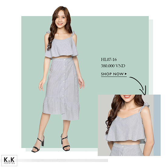 Set áo croptop hai dây và chân váy midi chữ A HL07-16
