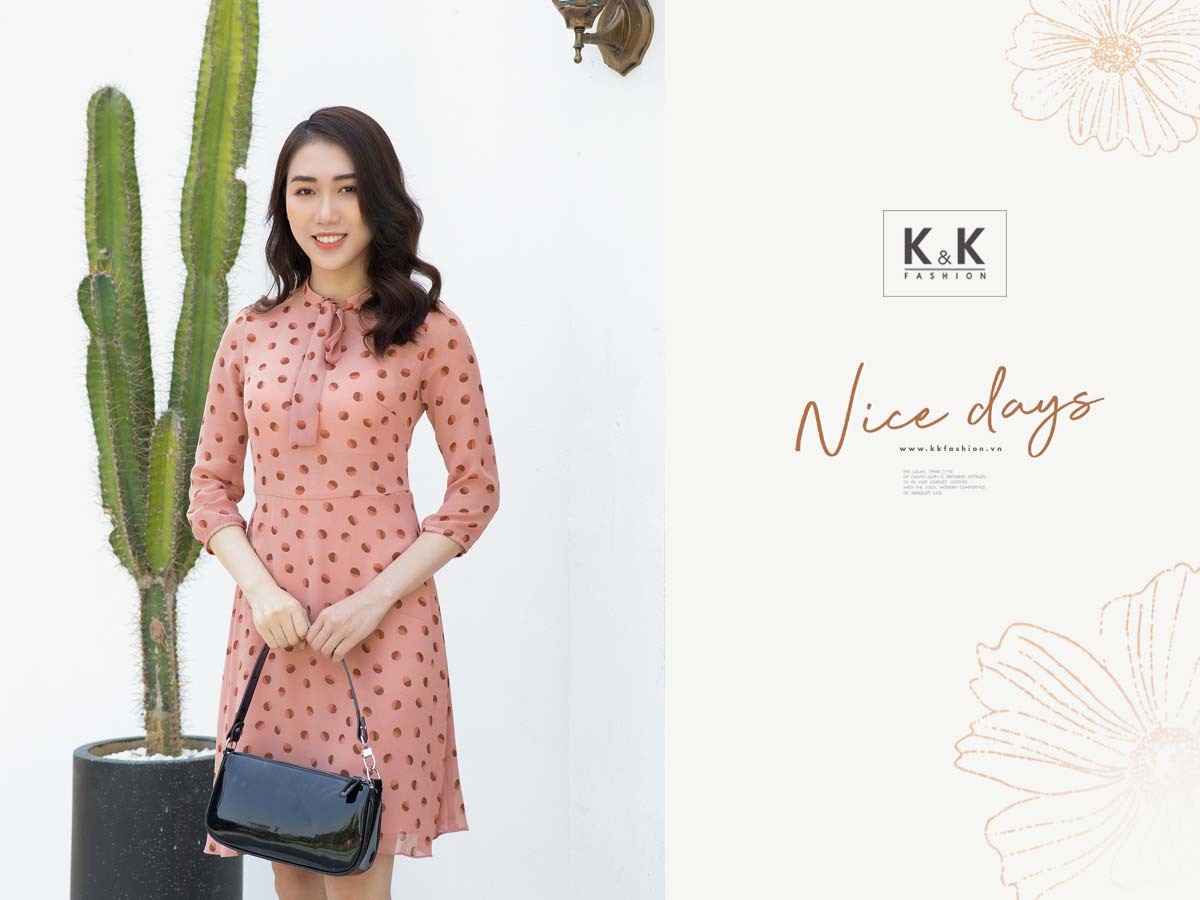 Đầm xòe tay lửng cổ phối nơ KK95-25