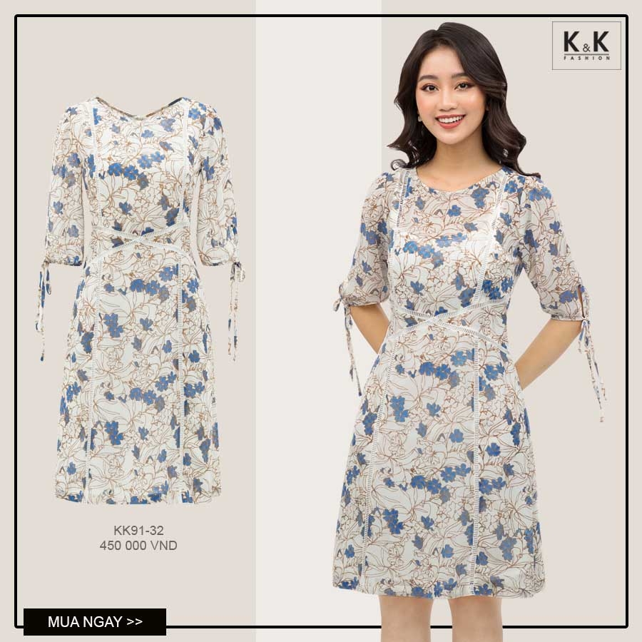 Đầm hoa tay lửng phối nơ KK91-32