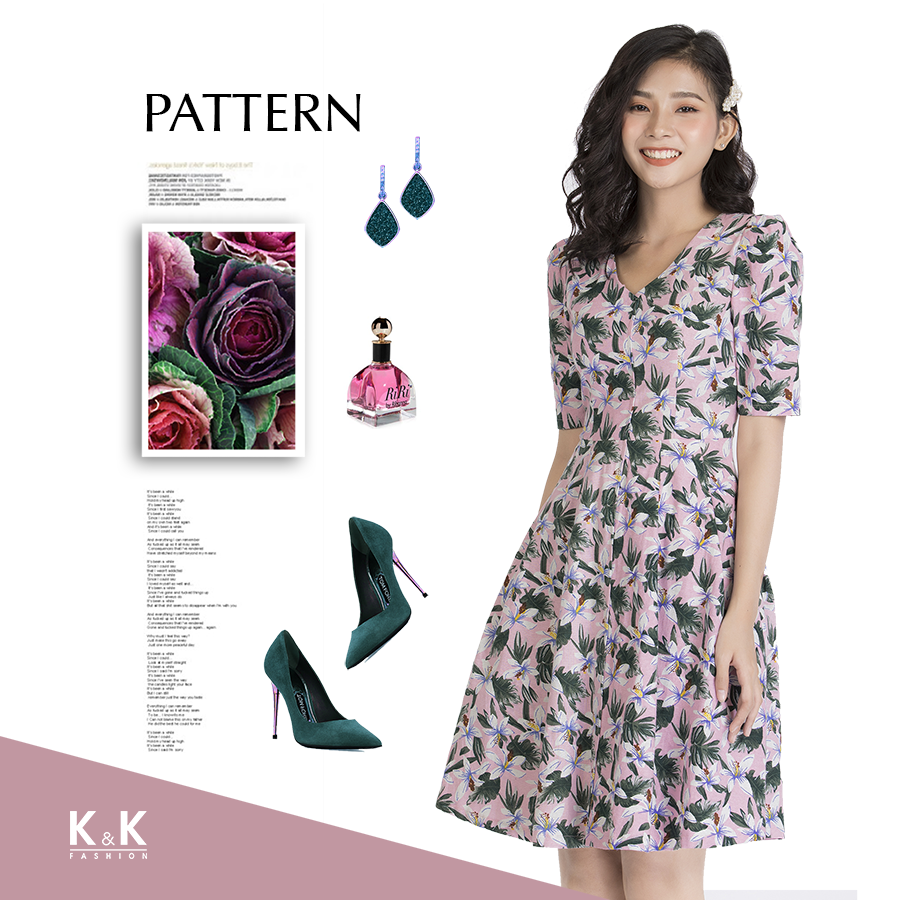 Đầm xòe hoa tay lửng cổ V KK88-20