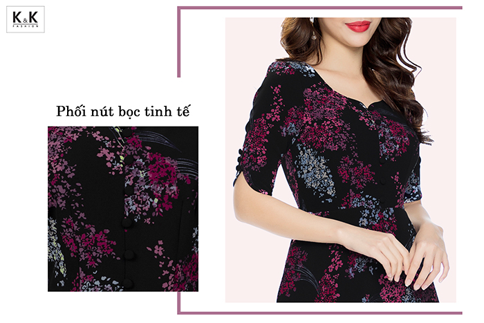 Đầm xòe hoa cổ V đính nút KK88-40