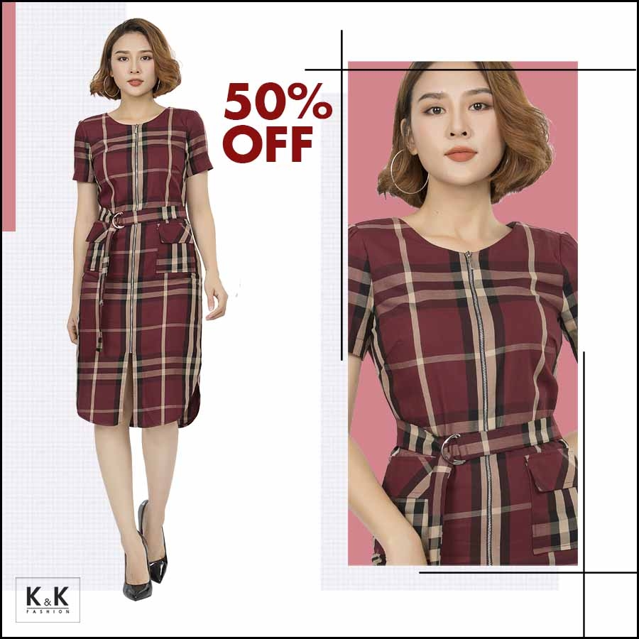 Đầm cotton họa tiết sọc phối nơ eo KK78-21