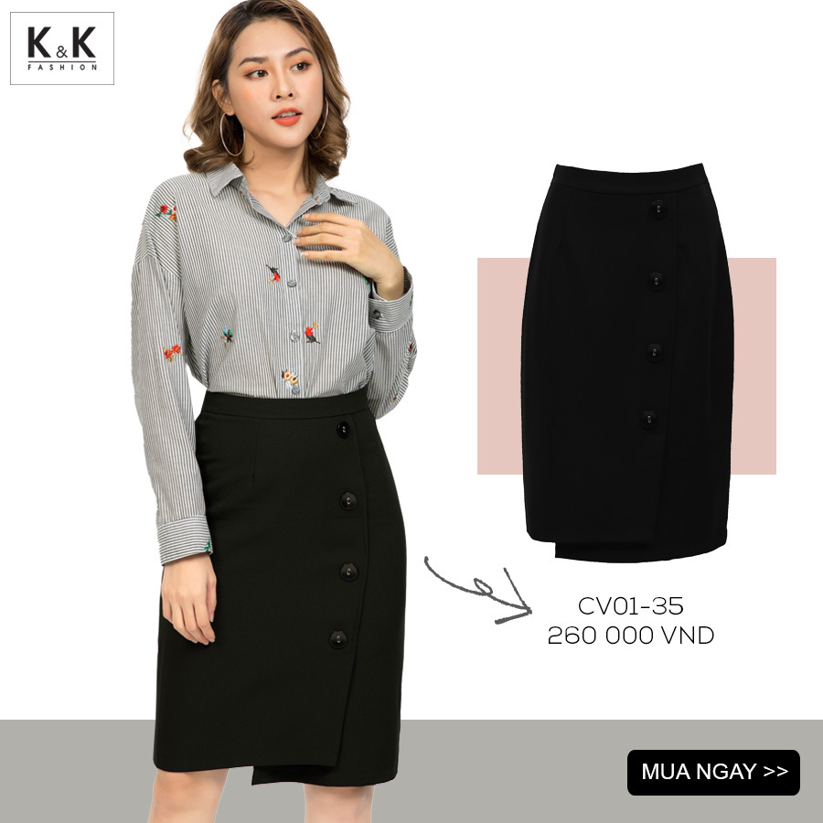 Chân váy vạt đắp chéo phối nút CV01-35