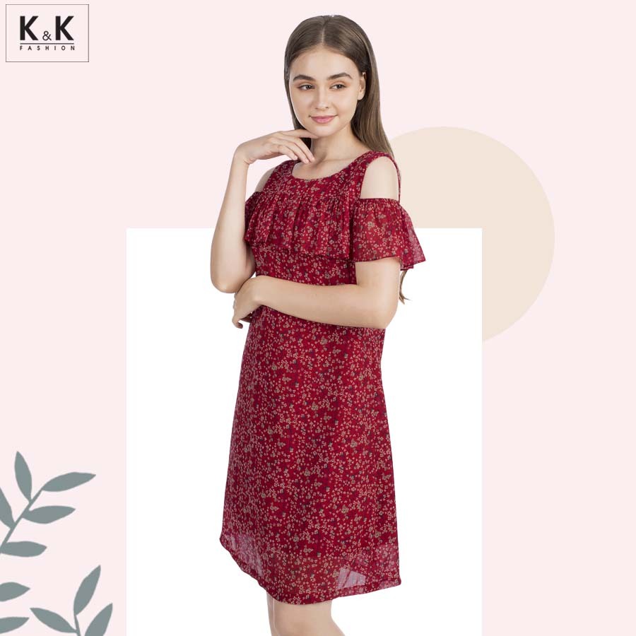 Đầm suông trễ vai họa tiết hoa KK95-01