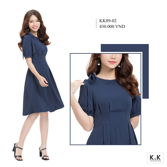 Đầm xòe xếp ly cổ tròn phối nơ vai KK89-02