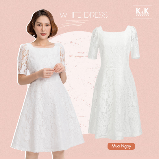 Đầm ren trắng cổ vuông KK88-16