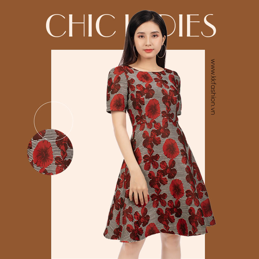 Váy liền họa tiết hoa đỏ nổi bật KK97-35
