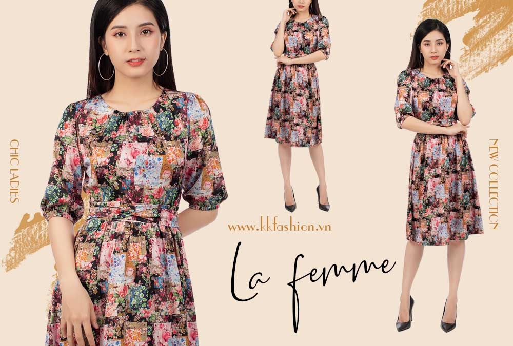 Đầm trung niên dáng xòe họa tiết
