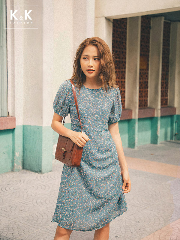 Đầm chữ A hoa nhí tay phồng nhẹ Mã KK97-08