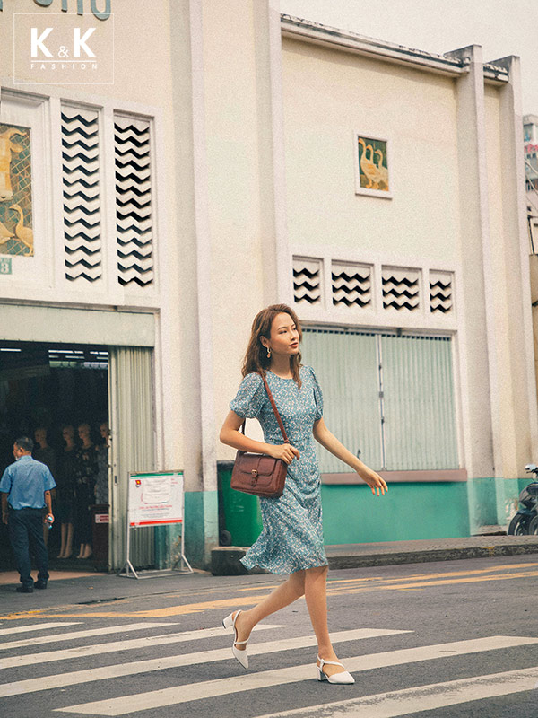 Duyên dáng cùng đầm hoa nhí tay phồng dáng chữ A KK97-08