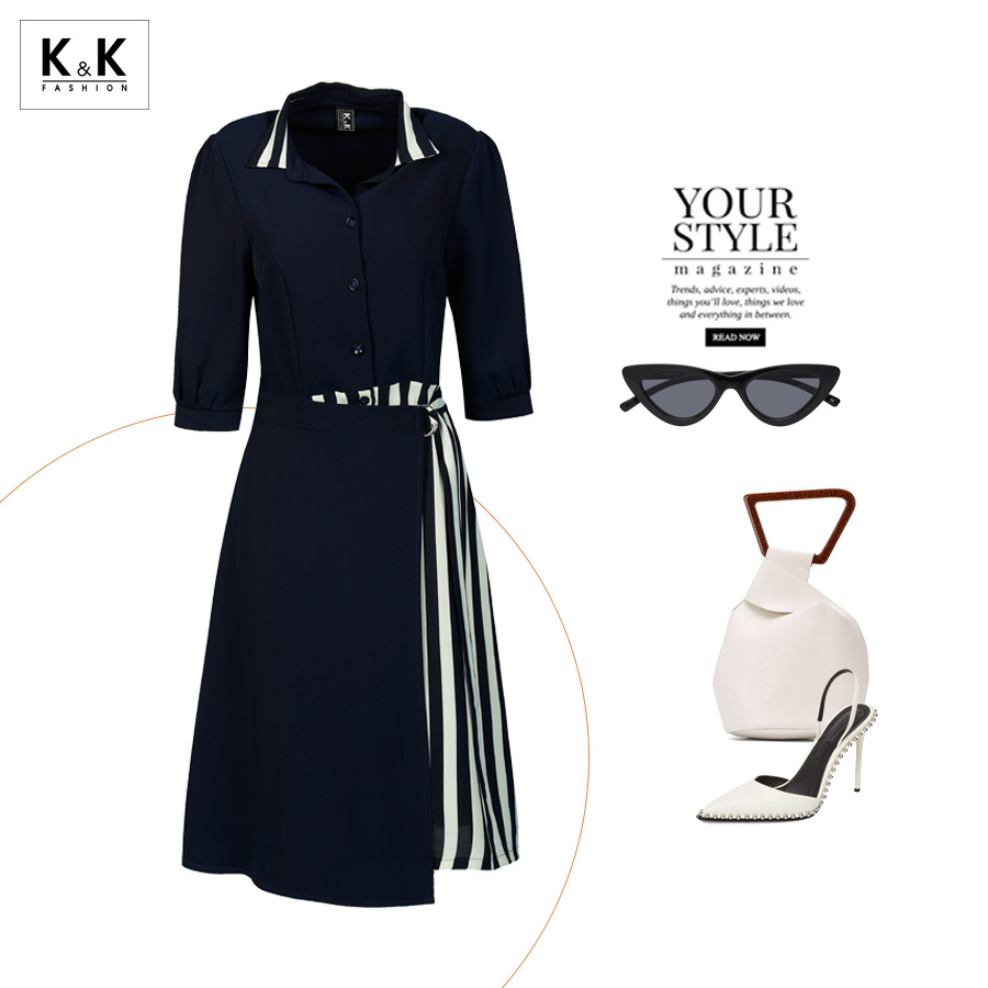 Đầm sơ mi tùng váy quấn phối kẻ sọc KK96-36