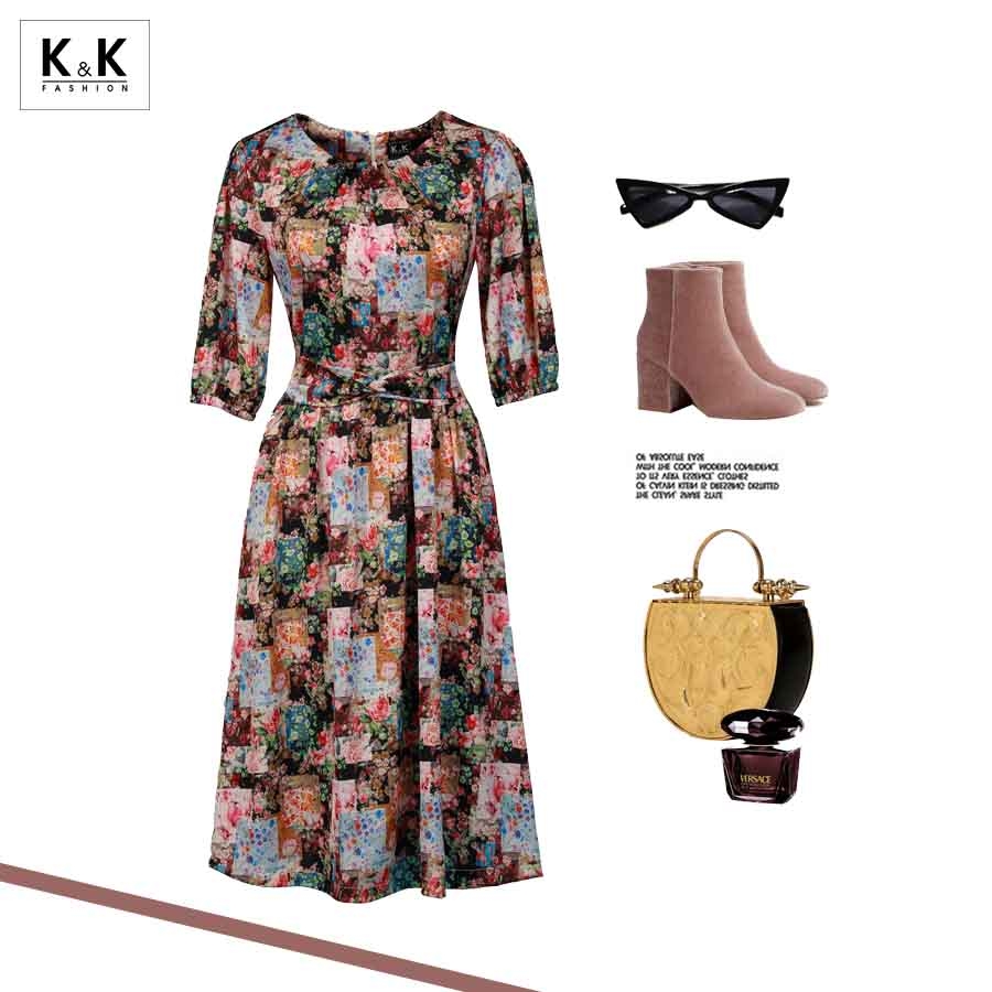 Đầm xòe họa tiết thắt nơ eo tay lỡ KK97-19