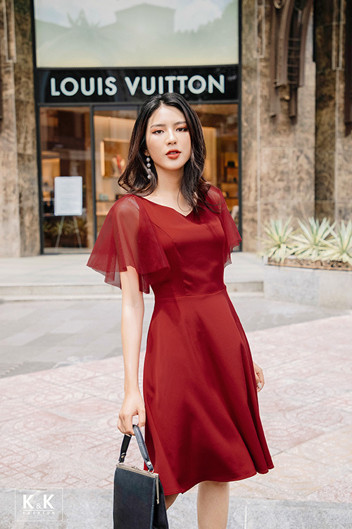 Váy đi tiệc cổ tim tay lưới HL13-08