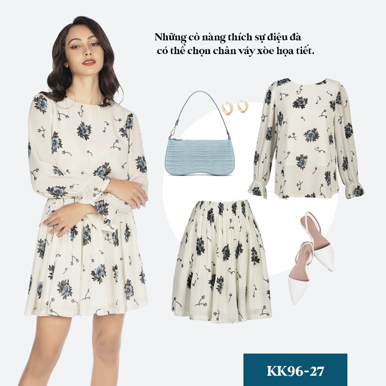 Set áo kiểu và chân váy xòe xếp ly