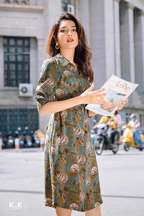 Váy sơ mi họa tiết tay lửng KK97-27