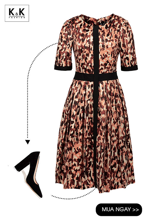 Đầm xòe tay ngắn họa tiết phối màu HL13-38