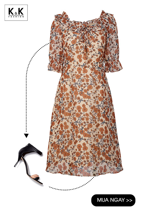 Đầm hoa dáng xòe tay lửng viền bèo KK97-24