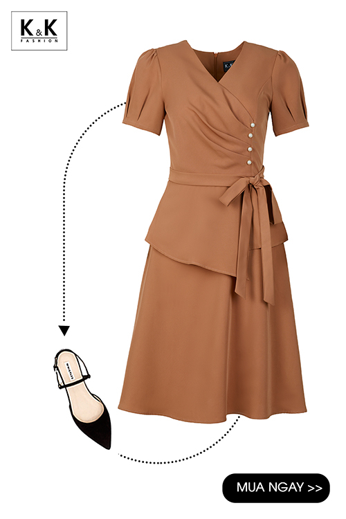 Đầm xòe peplum cổ V đính nút eo nhấn nơ KK100-08