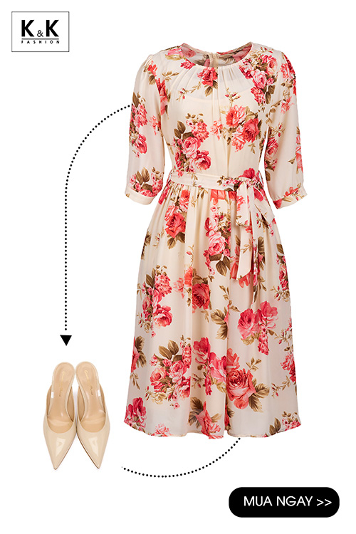 Đầm voan xòe họa tiết hoa eo thắt nơ KK99-25