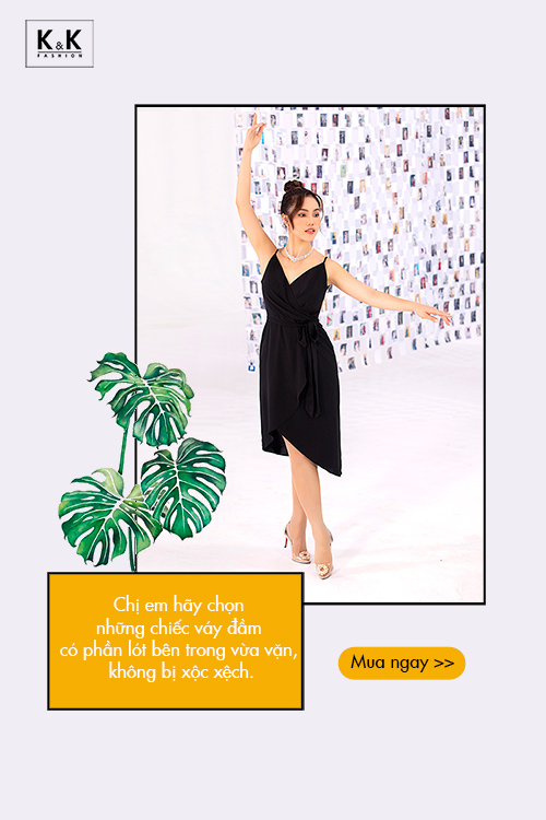 Đầm đen hai dây tùng váy đắp xéo eo đính nơ KK98-05