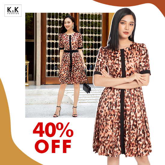 Đầm xòe tay ngắn họa tiết phối màu HL13-38